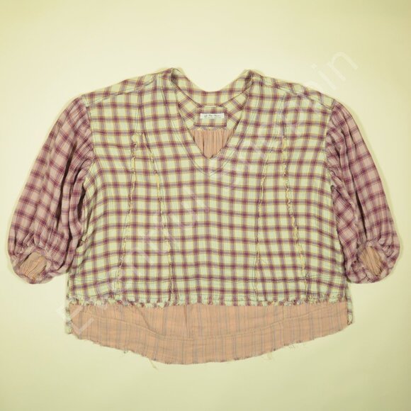 Free People Blouse Womens S Cream Oversized Solstice Plaid Top - Picture 4 of 9